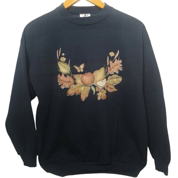 Vintage Autumn Apple Harvest Men Unisex L Sweatshirt Crew Navy Nature Butterfly - Picture 1 of 7